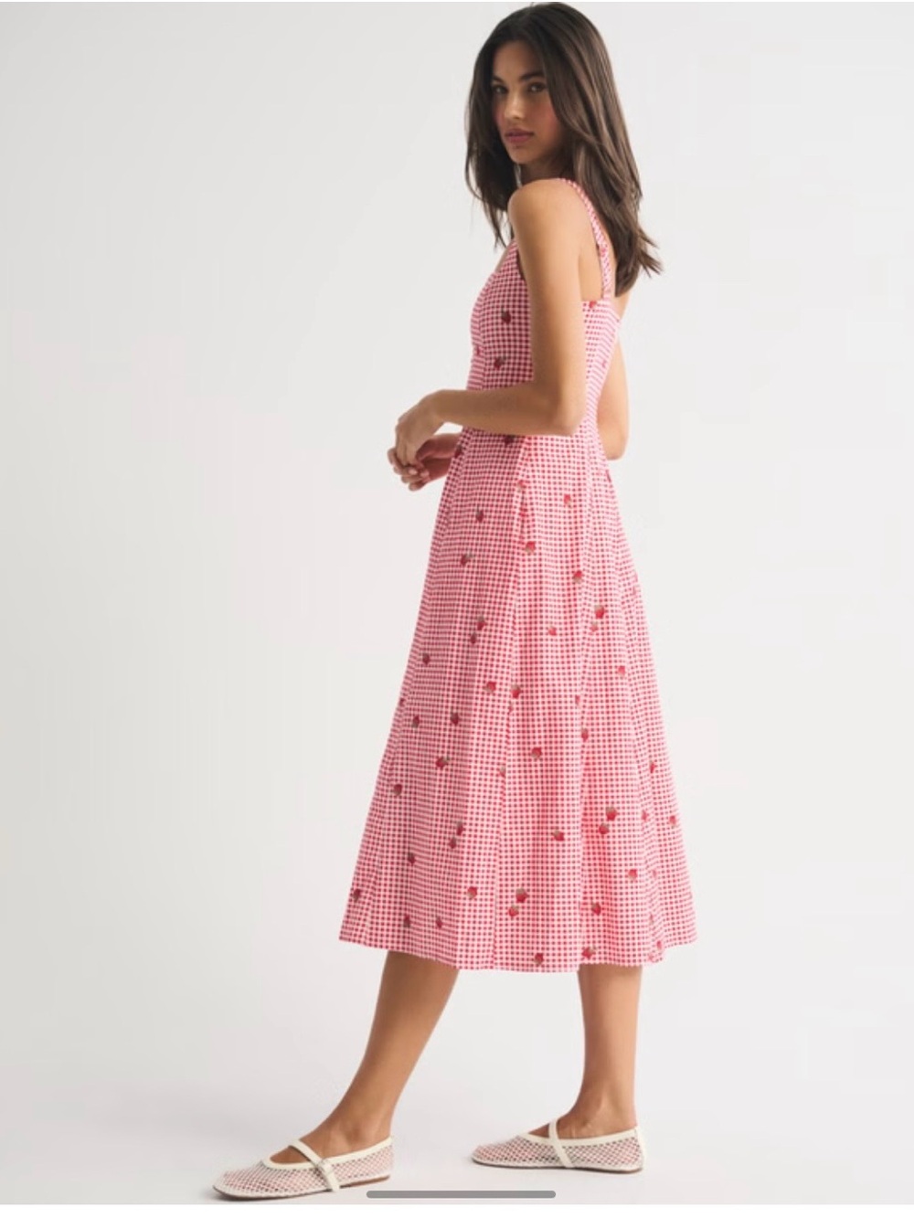 Abercrombie & Fitch Pink Gingham Midi Dress with Cherry Motif - Picture 3 of 5
